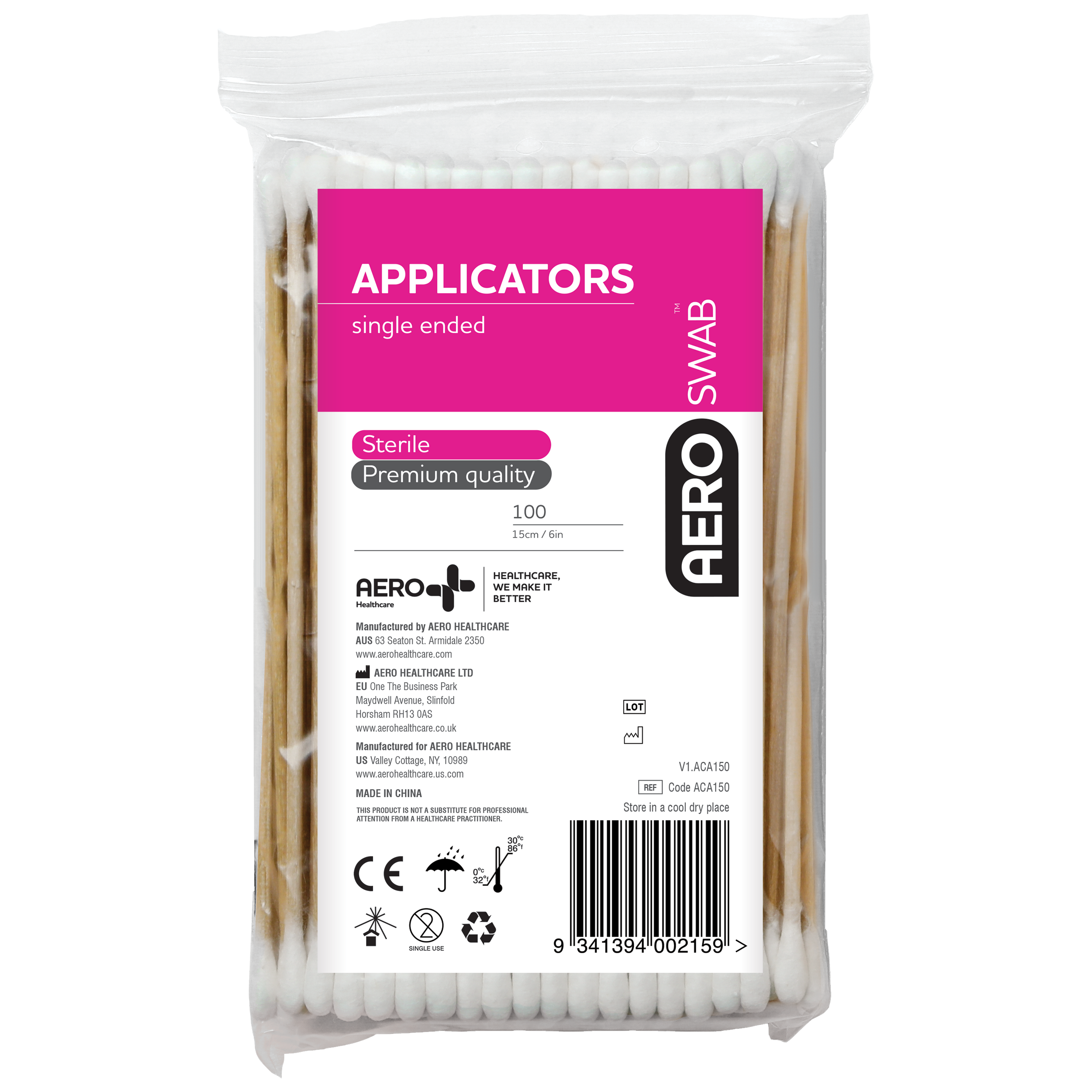 AEROSWAB 15cm Wood Single End Applicators Bag/100