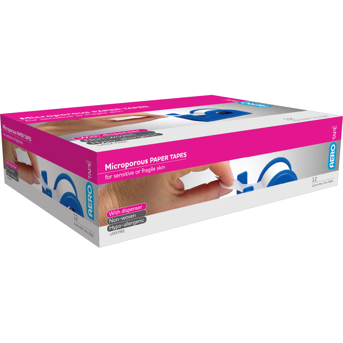 AEROTAPE White Microporous Paper Tape with Dispenser 2.5cm x 9.1M Box/12
