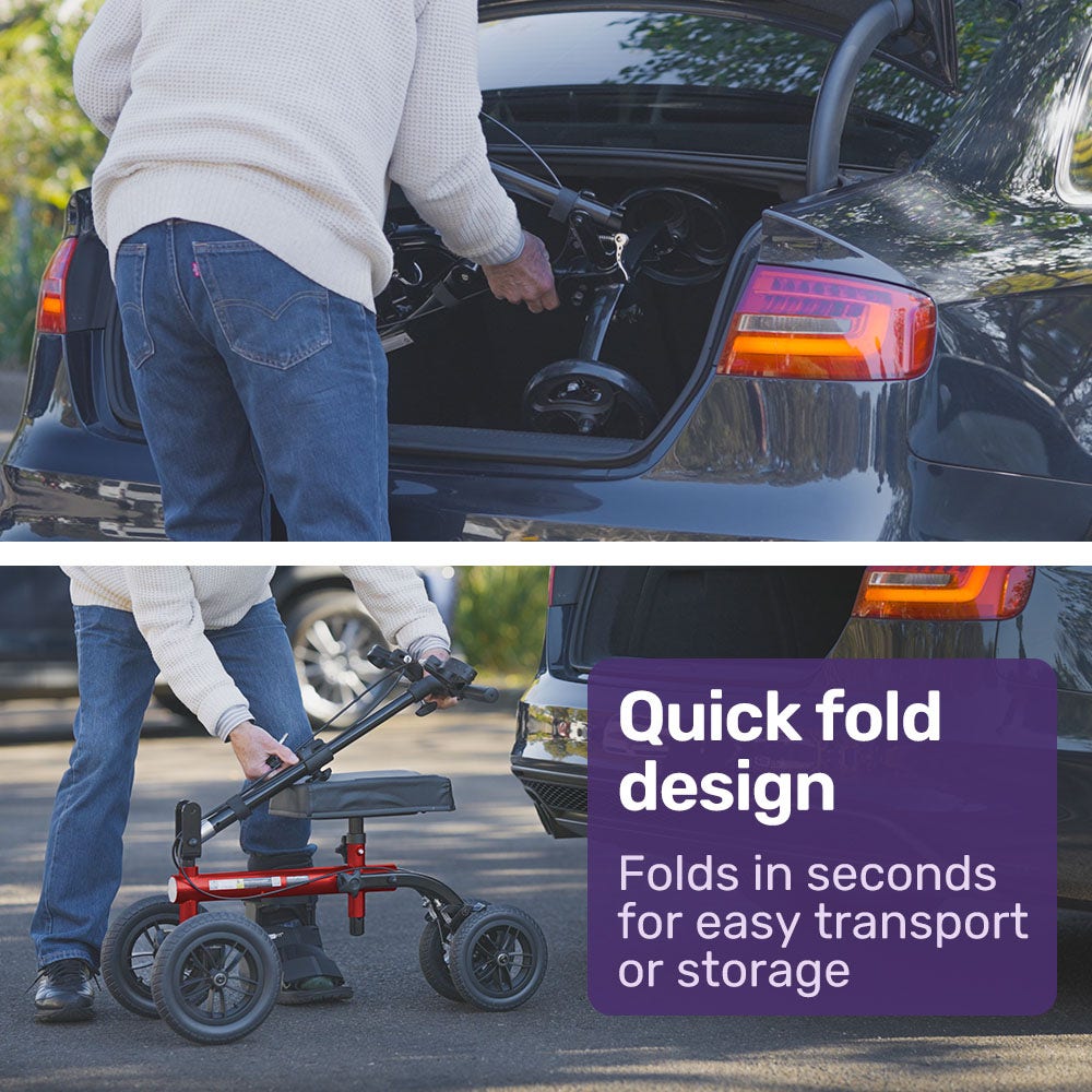 Equipmed Knee Scooter Walker, Dual Brakes - Bag - Broken Leg Ankle Foot Mobility - Crutches Alternative - Red