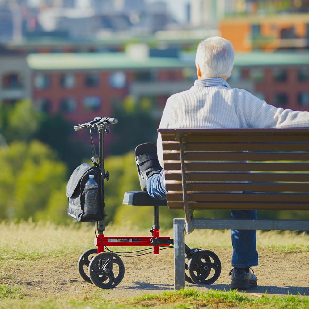 Equipmed Knee Scooter Walker, Dual Brakes - Bag - Broken Leg Ankle Foot Mobility - Crutches Alternative - Red