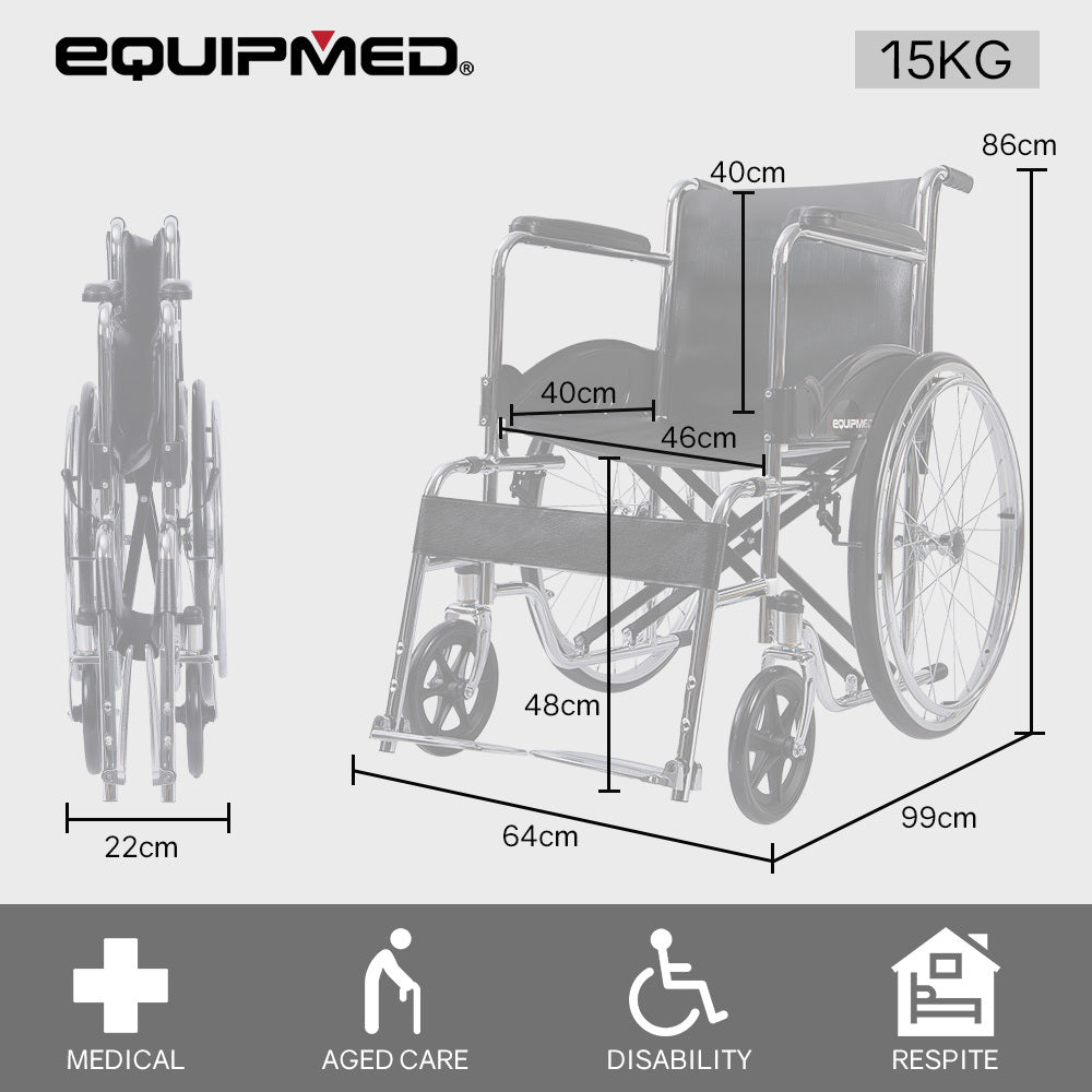 Equipmed Folding Manual Wheelchair Self Propelled, 24" Rear Wheels, Chrome Steel Frame, 46cm Wide Seat, 100kg Capacity, Park Brakes