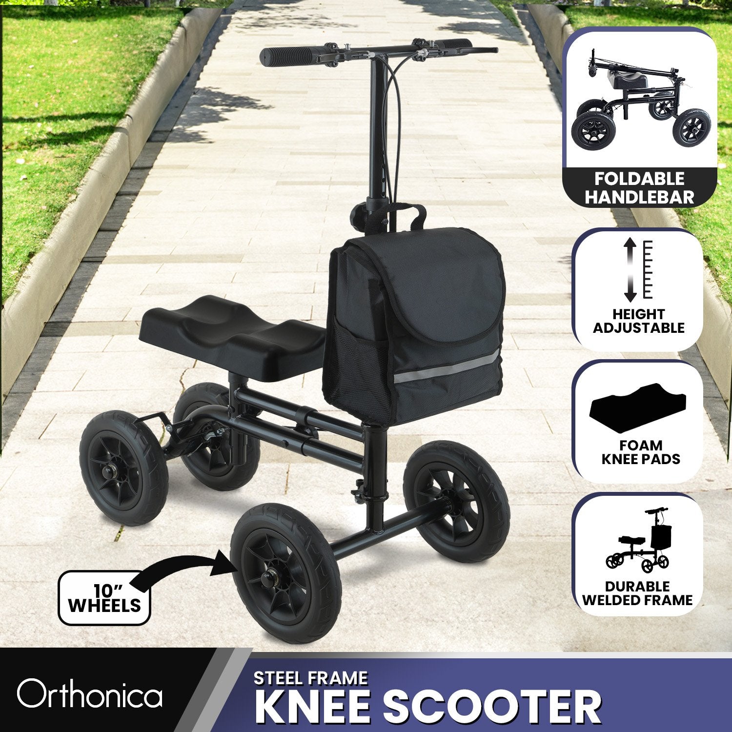 Orthonica Mobility Steel Knee Scooter Walker Steerable Ergonomic Foldable Scooter 10-inch Wheels Height Adjustable Steel Frame 136kg Weight Capacity