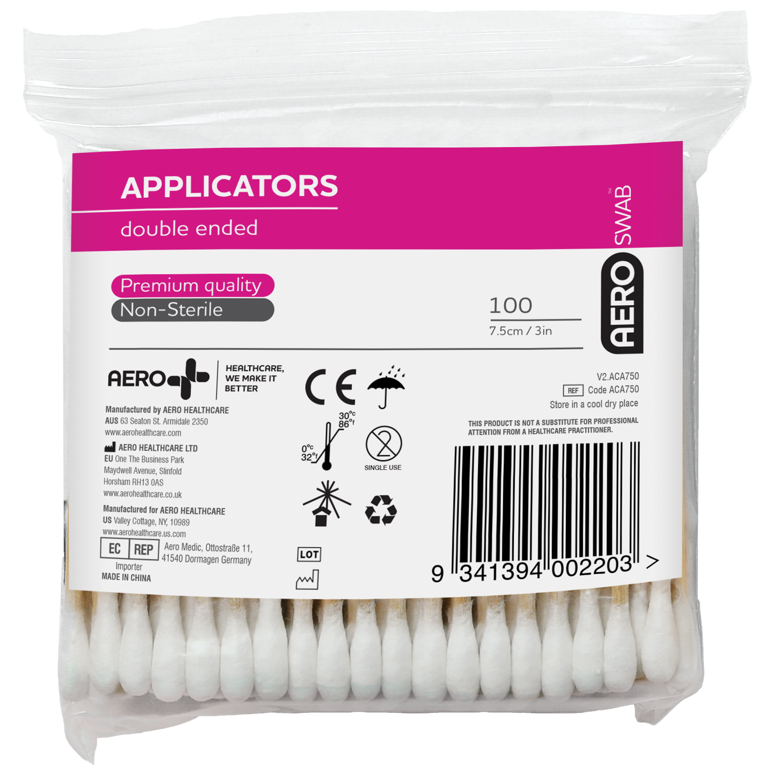 AEROSWAB 7.5cm Bamboo Double End Applicators Bag/100
