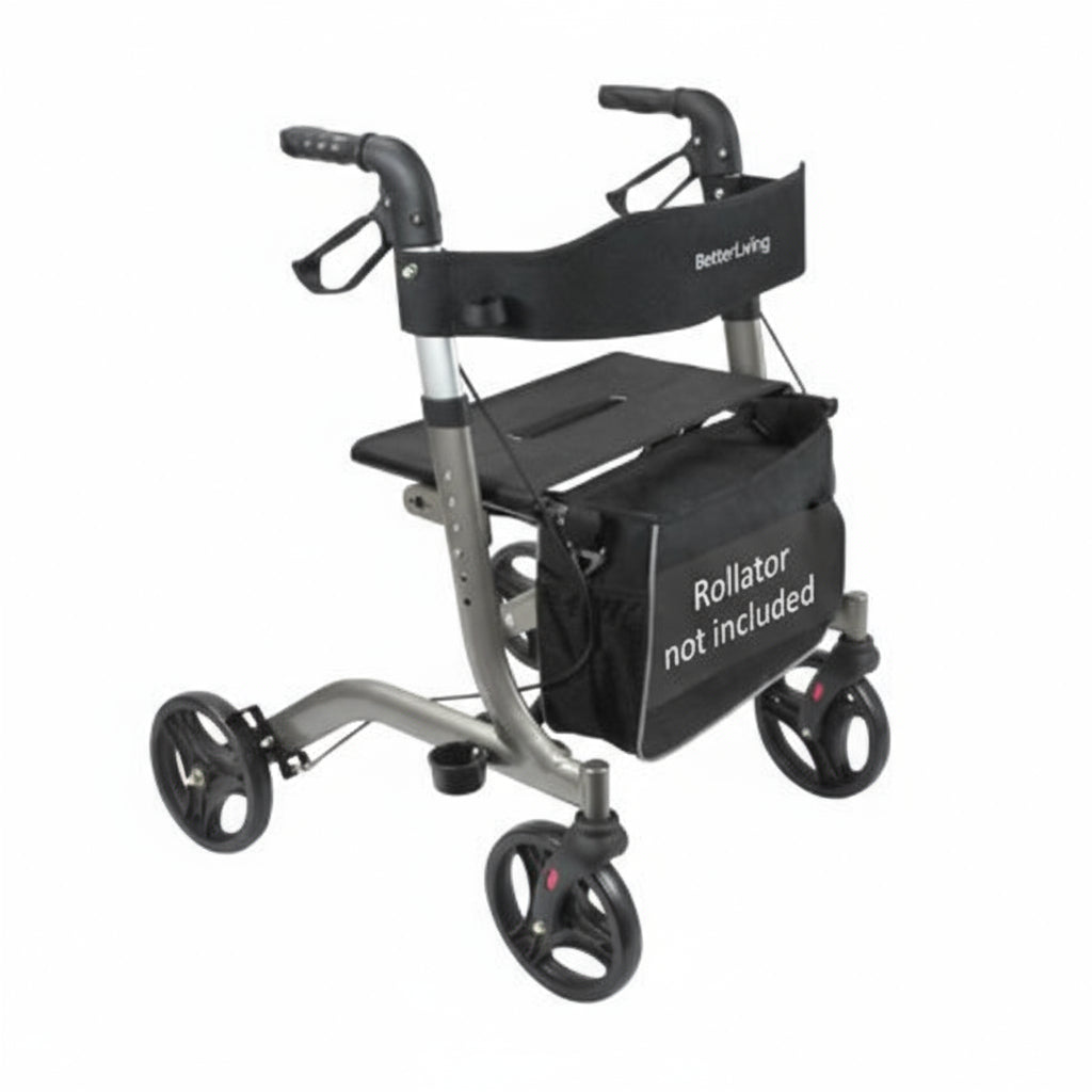 Rollator with black seat and armrests on a white background