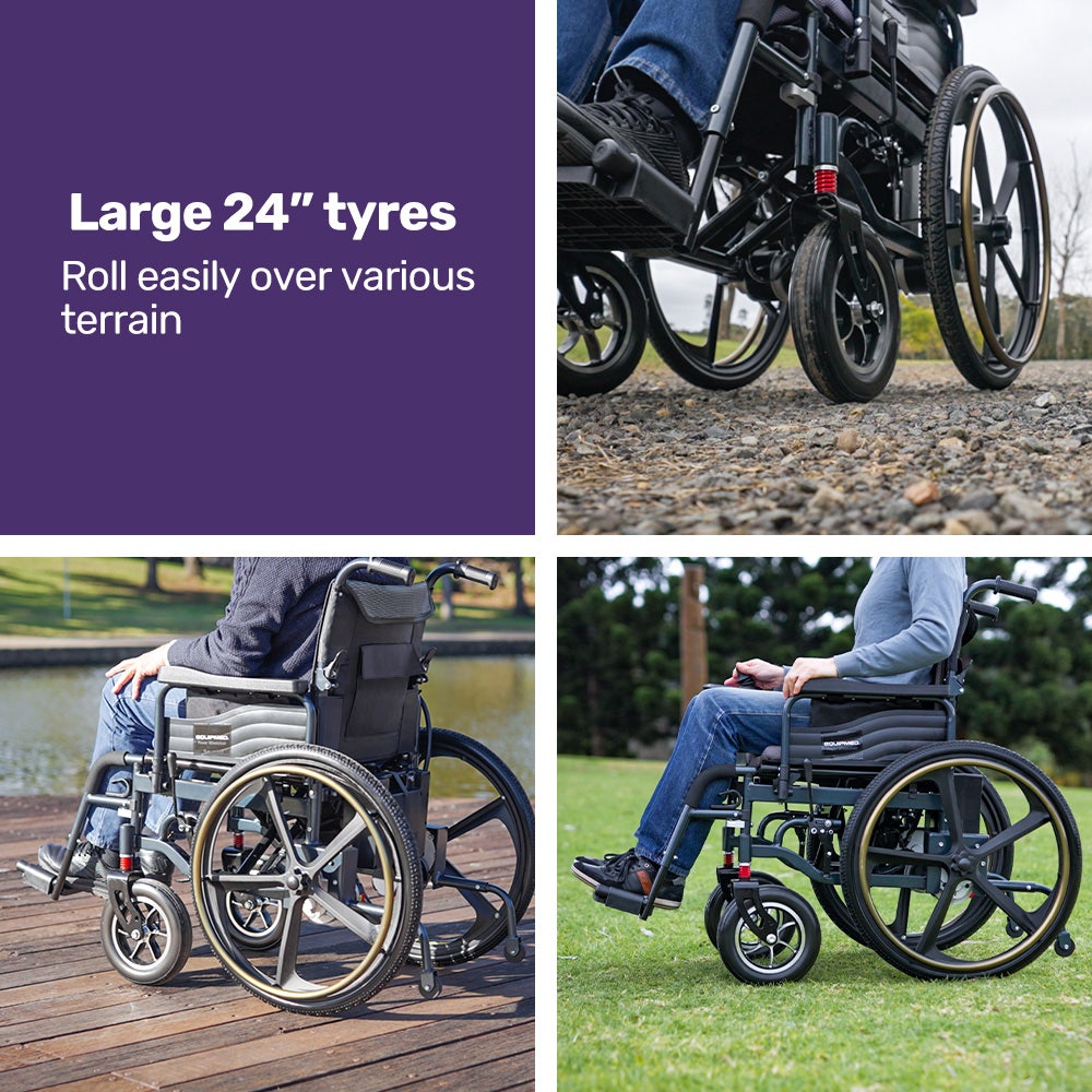 EQUIPMED Electric Wheelchair Folding, Folding, Long Range, Lithium Battery, 24" Rear Wheels, Black