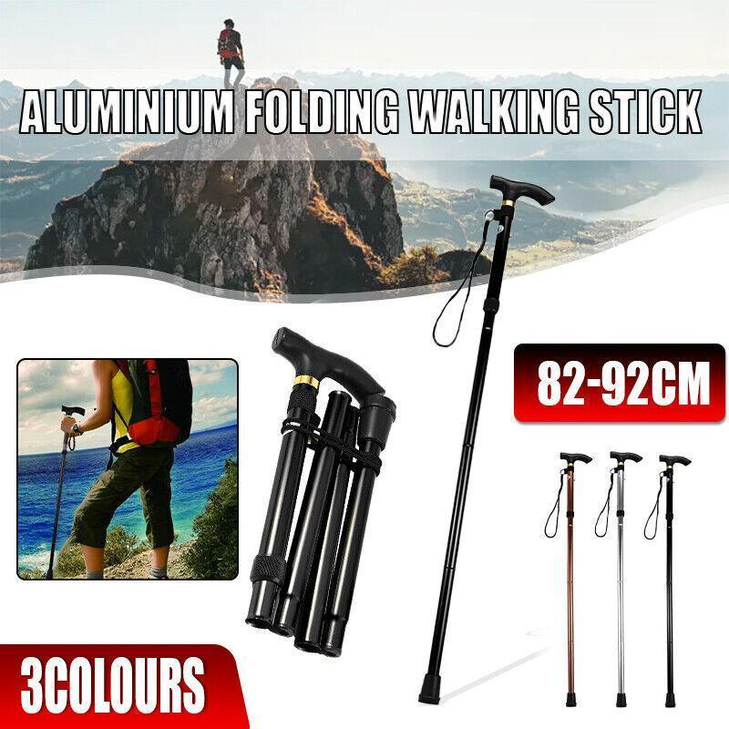 Folding Walking Stick Travel Cane Adjustable Height 82 to 92cm Aluminium Anti Slip - Brown