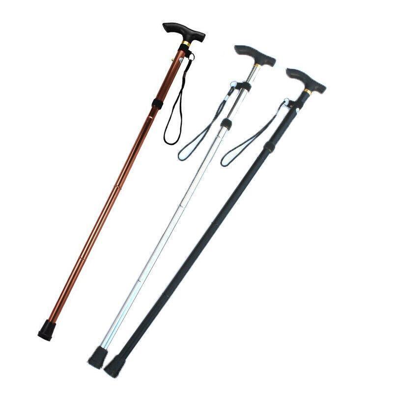 Folding Walking Stick Travel Cane Adjustable Height 82 to 92cm Aluminium Anti Slip - Brown