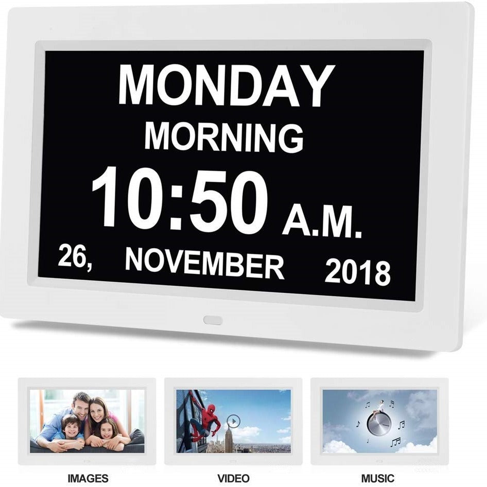 White 10.1-Inch Digital Clock with Medication Reminders & Multi-Function Alarm - Ideal for Elderly Care