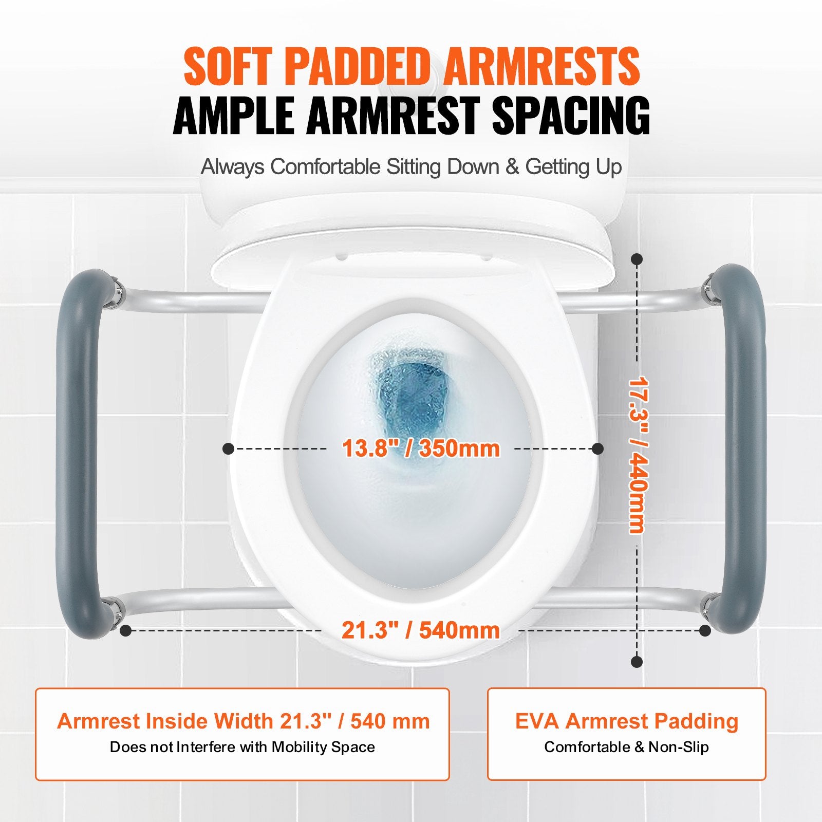 VEVOR Raised Toilet Seat,88.9 mm Height Raised, 136 kg Weight Capacity, for Standard Round Toilet, Aluminum Handrail, with EVA Armrest Padding, for Elderly, Handicap, Patient, Pregnant, Medical