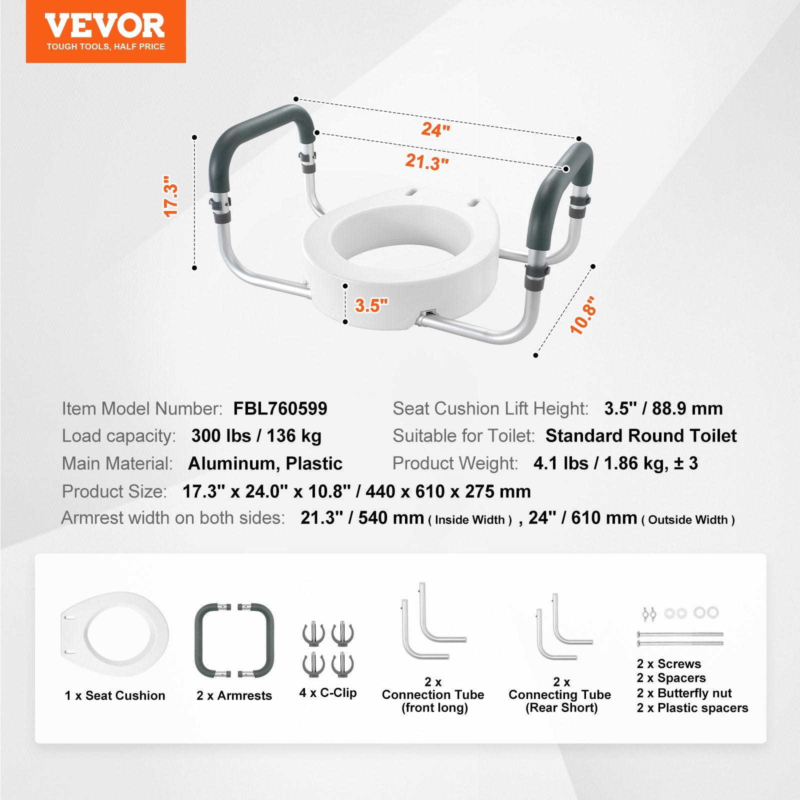 VEVOR Raised Toilet Seat,88.9 mm Height Raised, 136 kg Weight Capacity, for Standard Round Toilet, Aluminum Handrail, with EVA Armrest Padding, for Elderly, Handicap, Patient, Pregnant, Medical