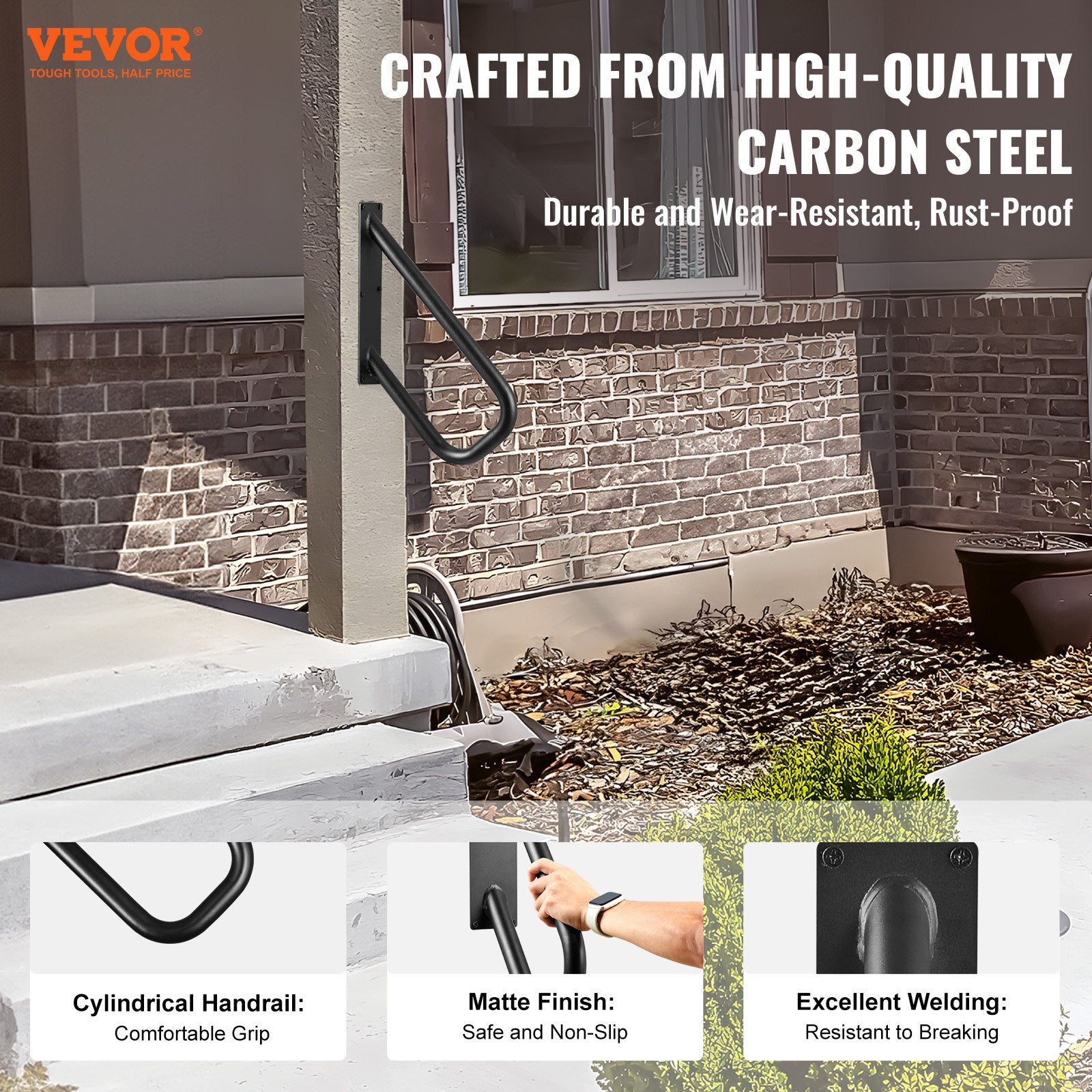 VEVOR Handrails for Outdoor Steps, 18.9" Length 1.3"Pipe Wall Mount Safety Railings for 1-2 Steps, Stair Handrail with Matte Black Finished,for Garden,Yard and Garage & Elderly,Pregnant Women, Disable