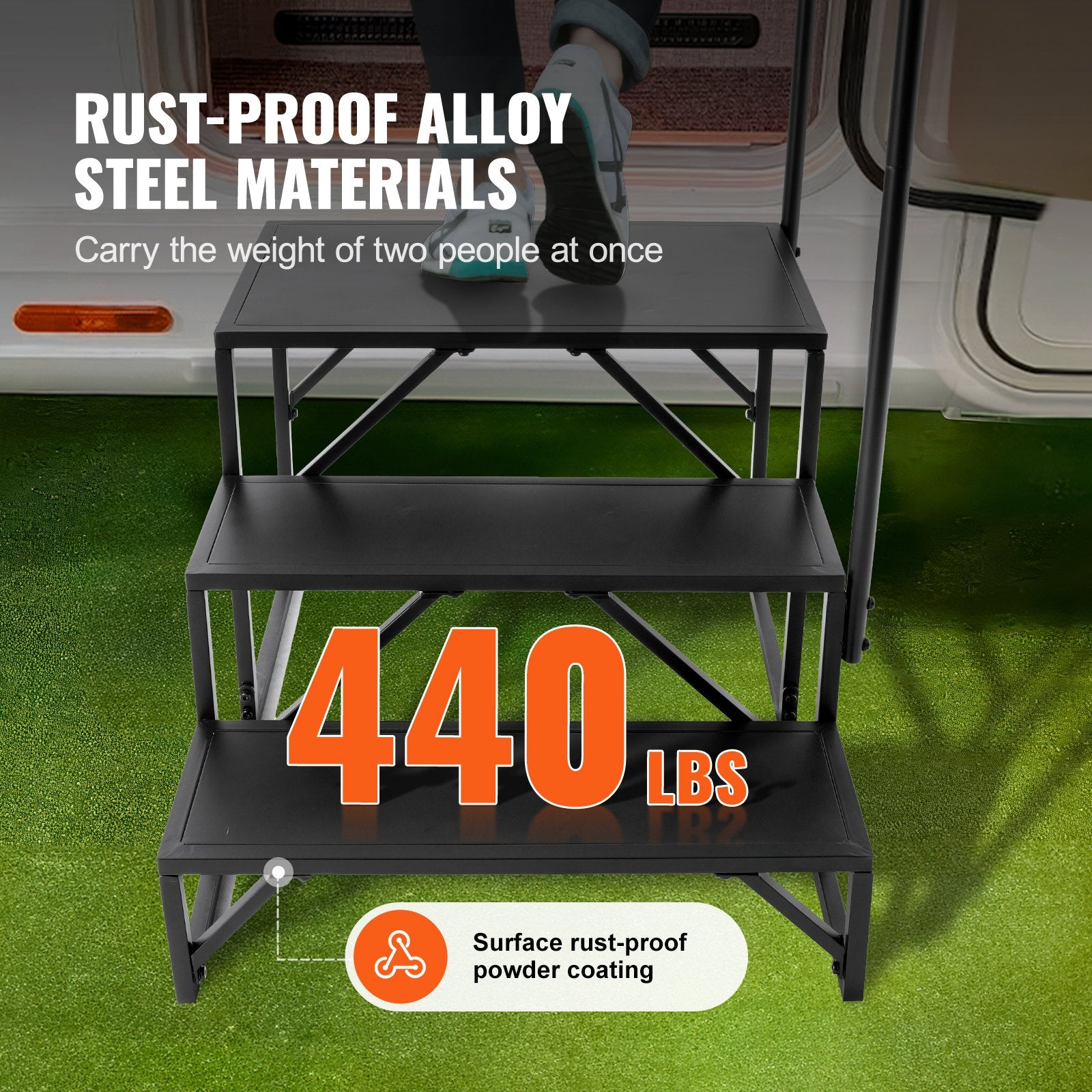 VEVOR RV Steps, 3-Step RV Stairs, 199.58KGS  Load Capacity, Thickened Carbon Steel, With Handrail, Non-Slip Steps for Safe Entry and Exit, Suit for RV, Trailer, Camper Steps