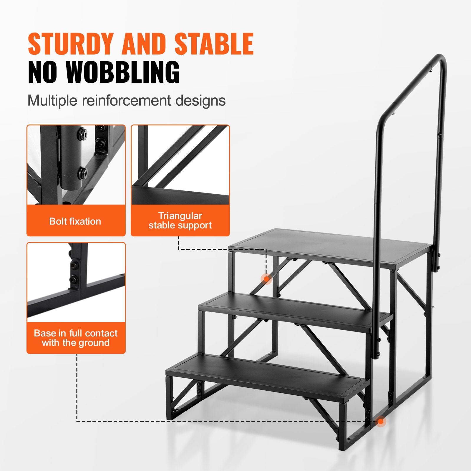 VEVOR RV Steps, 3-Step RV Stairs, 199.58KGS  Load Capacity, Thickened Carbon Steel, With Handrail, Non-Slip Steps for Safe Entry and Exit, Suit for RV, Trailer, Camper Steps