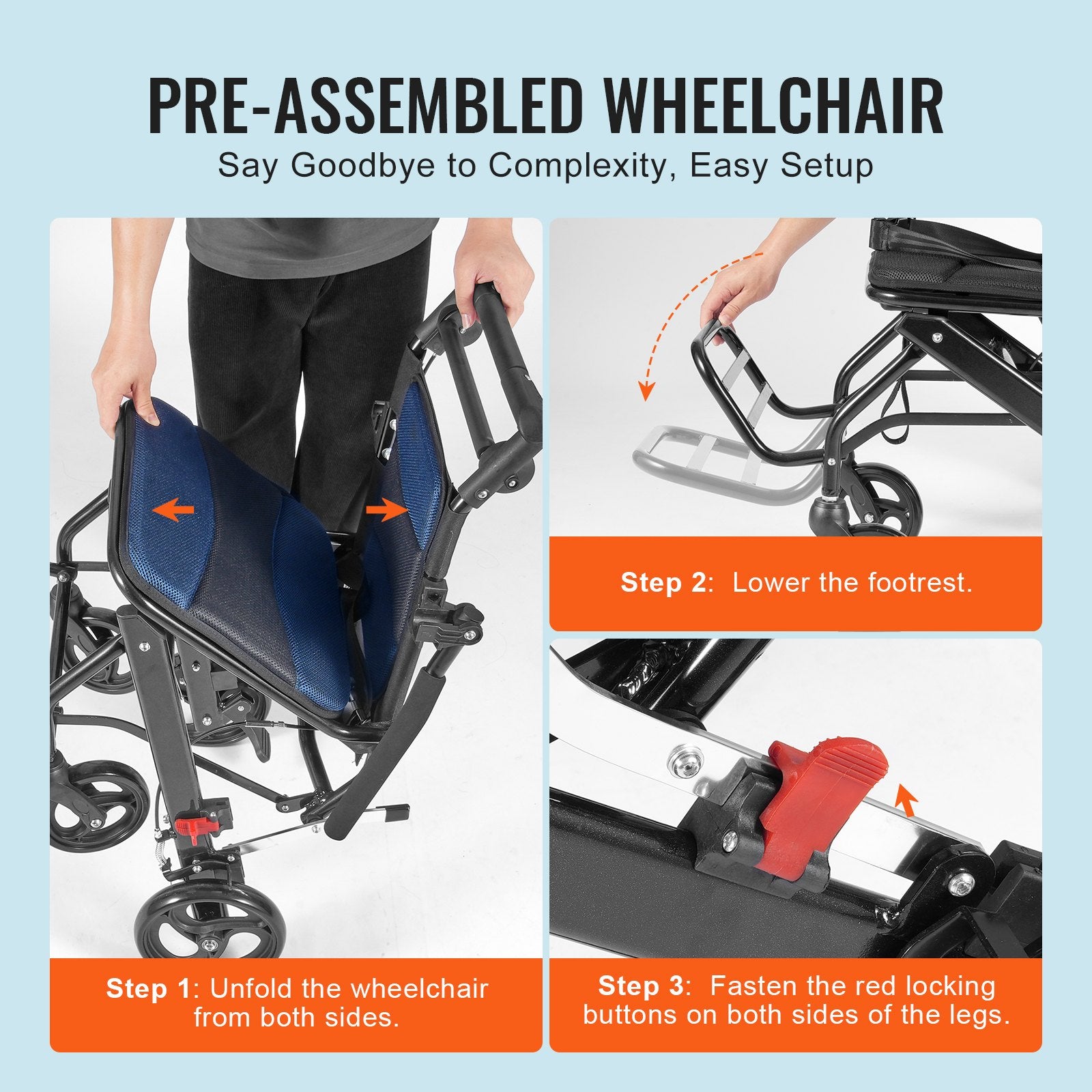 VEVOR Wheelchair, Aluminum Alloy Ultra-Lightweight Transport Chair for Adults, Foldable Cabin Wheelchair with Flip-Back Desk-Length Arms, Self-locking Brake, 15.75-Inch Wide Seat, 220lbs Load