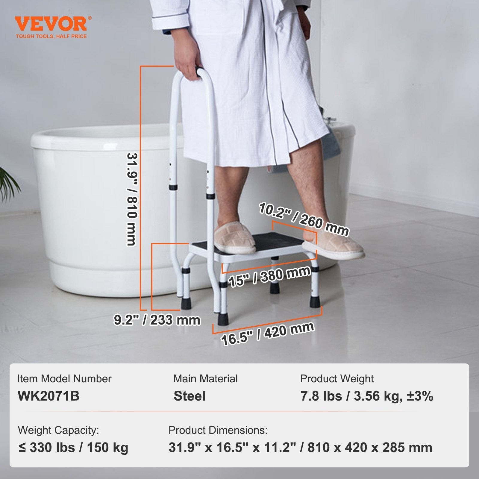 VEVOR Step Stool 1-Step 150KG Capacity, 3 Adjustable Height with Handle Steel Step Ladder, Portable Toddler Step Stools for Adults, Non-Slip Sturdy Step Ladders for Office, RVs, Pets