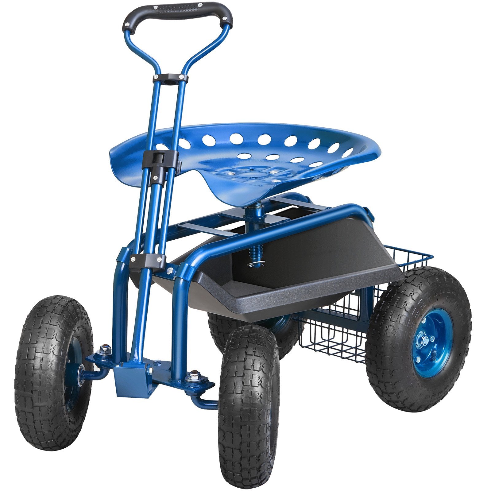 VEVOR Rolling Garden Cart with Seat and Wheels Extendable Steer Handle Blue