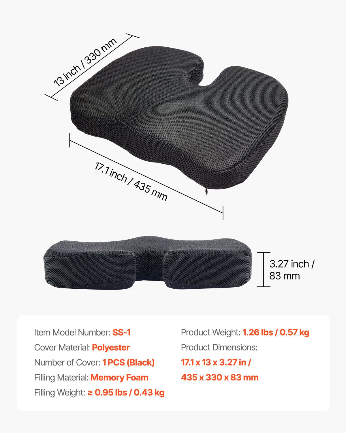 VEVOR Seat Cushion, Memory Foam Seat Chair Cushion for Pressure Relief, Soft & Breathable Wheelchair Seat Pad with Removable Cover for Travel, Office, Car, Airplane - Lightweight and Portable