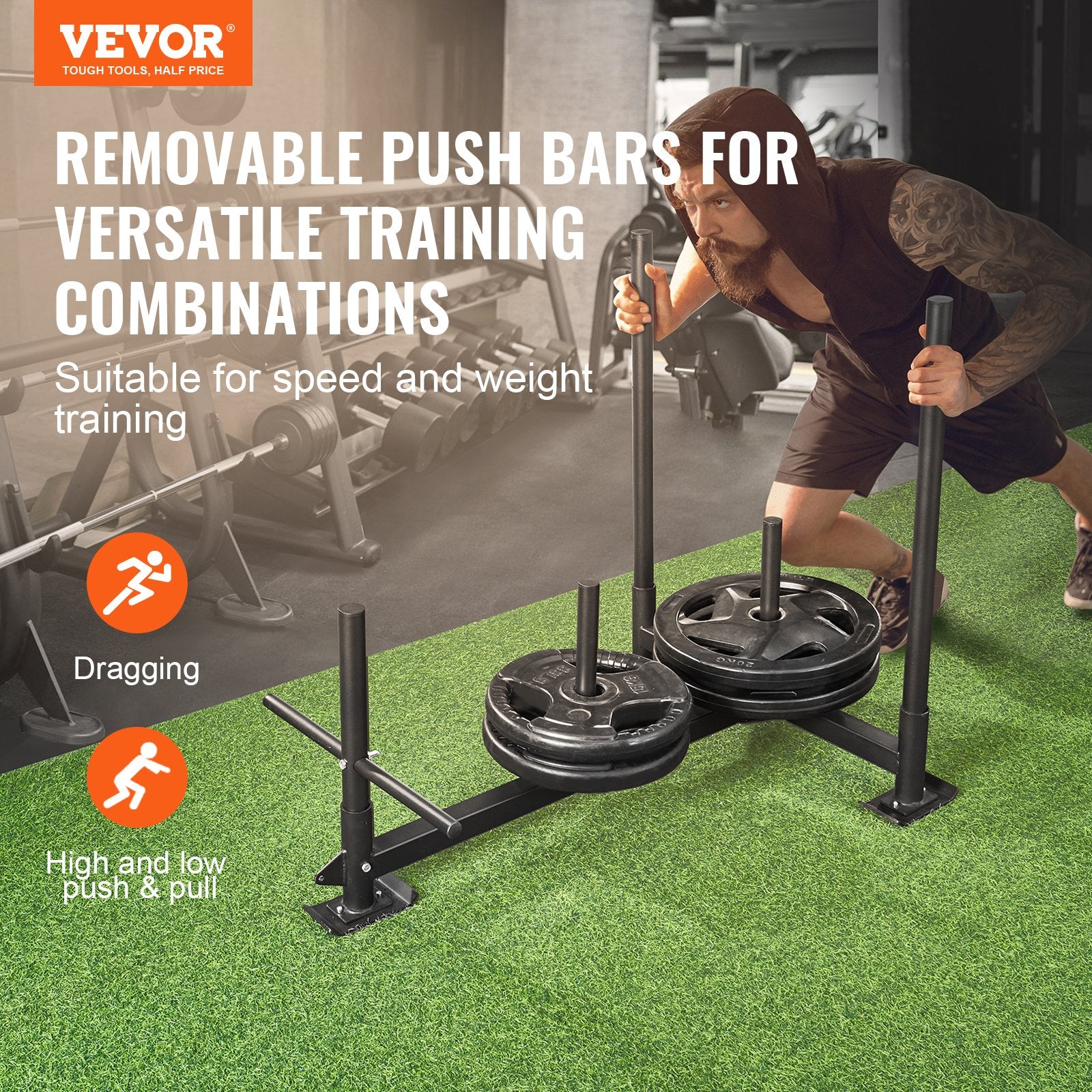 VEVOR Weight Training Sled, Pull Push Power Sled with Handle, Fitness Strength Resistance Training, Steel Workout Equipment for Athletic Exercise & Speed Improvement, Fit for 5 cm Weight Plate, Black