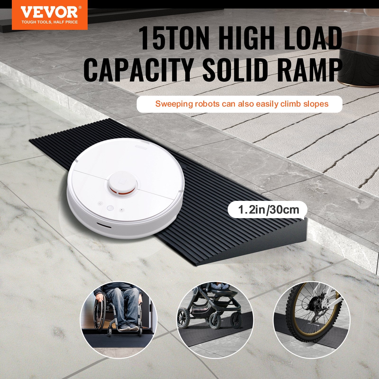 VEVOR 3 cm Rise Cuttable Threshold Ramp for Sweeping Robot, 90 cm Wide Natural Rubber Wheelchair Ramp, Non-Slip Solid Rubber Ramp with Double-Sided Tape for Doorways, Driveways, Bathroom, Smooth Tile