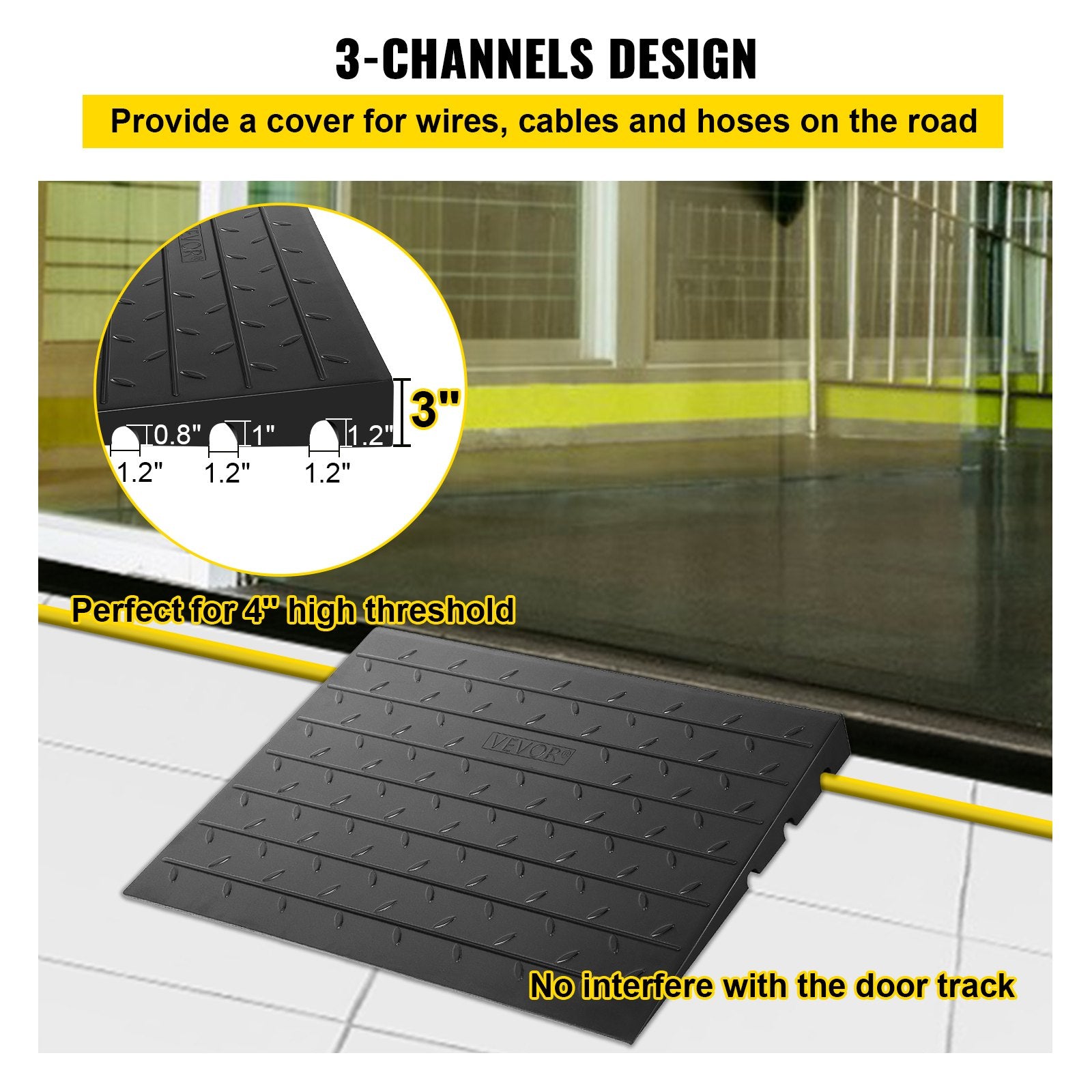 VEVOR Rubber Threshold Ramp, 7.62 cm Rise Threshold Ramp Doorway, 3 Channels Cord Cover Rubber Solid Threshold Ramp, Rubber Angled Entry Rated 997.9 kg Load Capacity for Wheelchair and Scooter