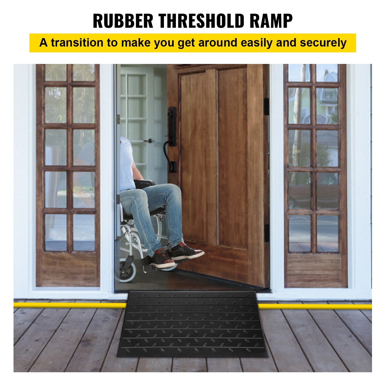 VEVOR Rubber Threshold Ramp, 4" Rise Threshold Ramp Doorway, 3 Channels Cord Cover Rubber Solid Threshold Ramp, Rubber Angled Entry Rated 2200 Lbs Load Capacity for Wheelchair and Scooter