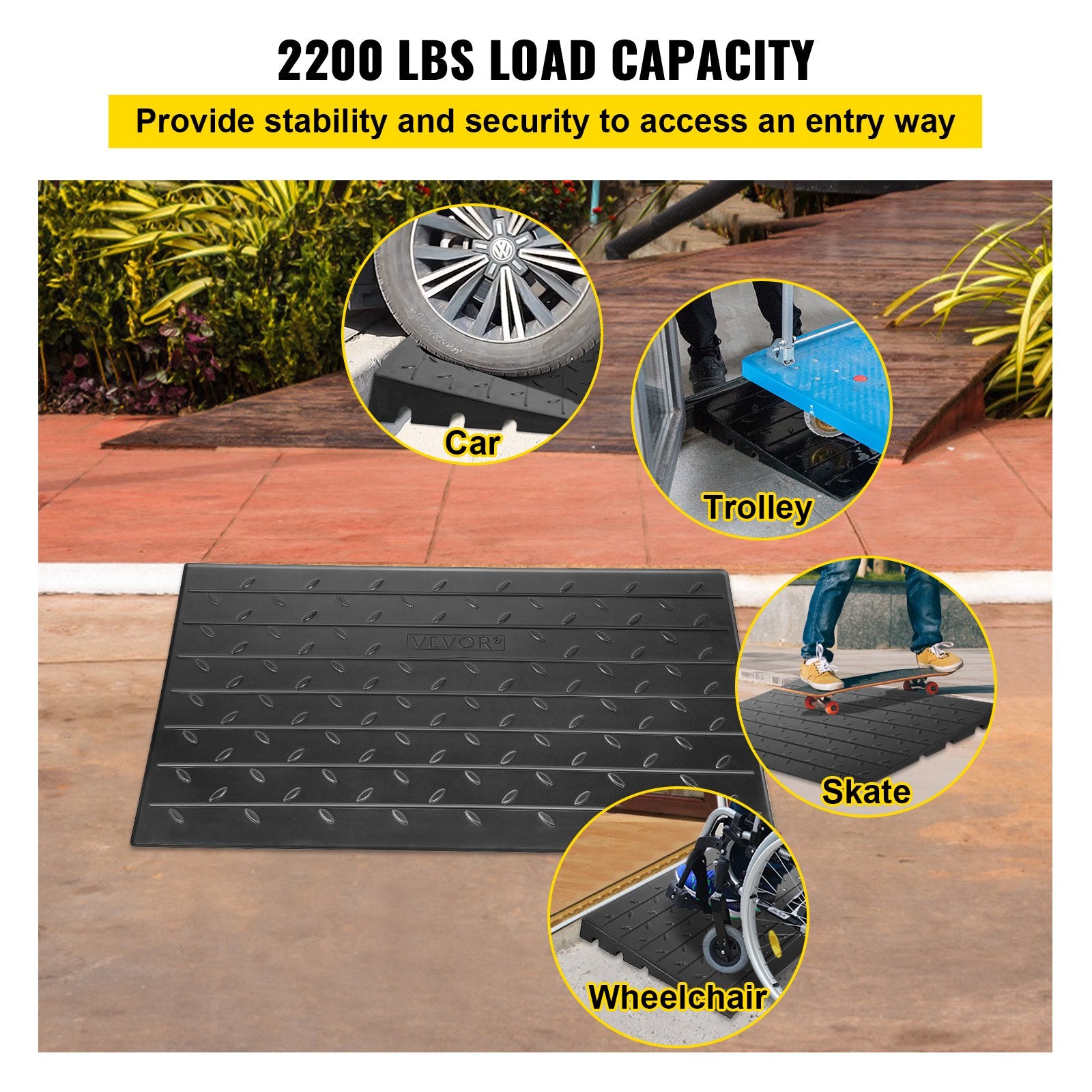 VEVOR Rubber Threshold Ramp, 4" Rise Threshold Ramp Doorway, 3 Channels Cord Cover Rubber Solid Threshold Ramp, Rubber Angled Entry Rated 2200 Lbs Load Capacity for Wheelchair and Scooter