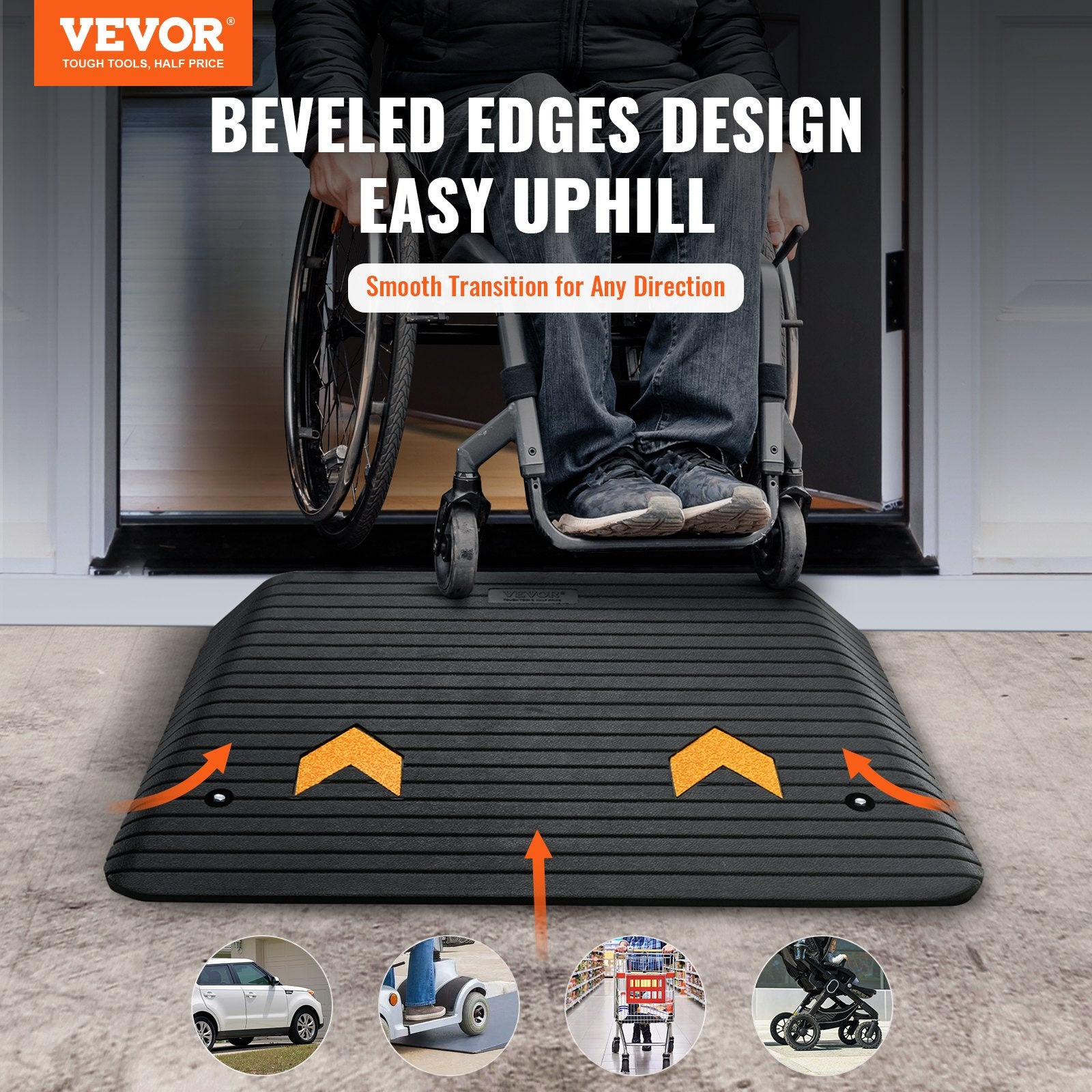VEVOR Upgraded Rubber Threshold Ramp, 10.2 cm Rise Door Ramp with 1 Channel, Natural Rubber Car Ramp with Non-Slip Textured Surface, 15 tons Load Capacity Curb Ramp for Wheelchair and Scooter