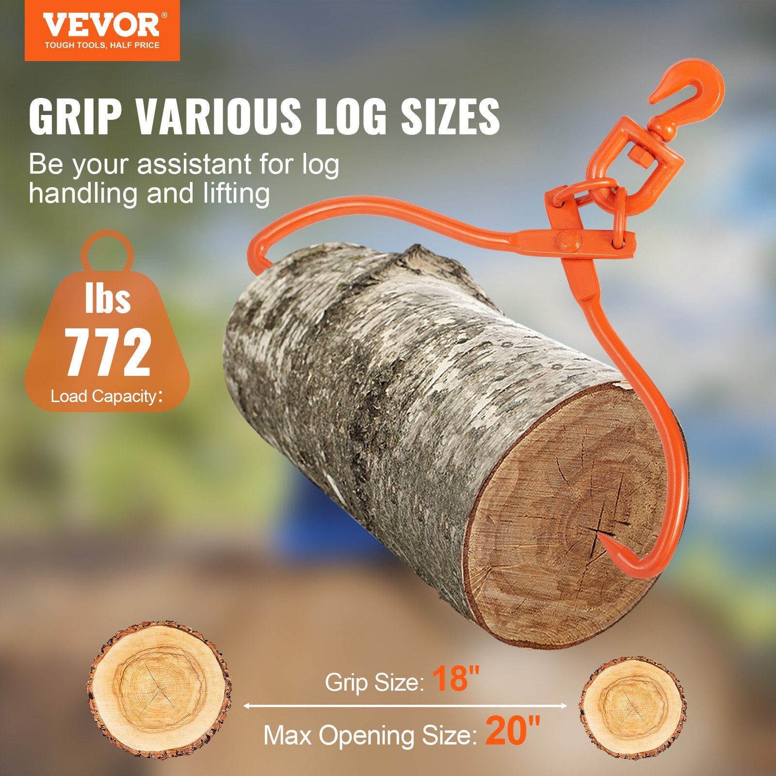 VEVOR Log Skidding Tongs, 45.7cm 2 Claw Log Lifting Tongs, Heavy Duty Rotating Steel Lumber Skidding Tongs, 350 kg Loading Capacity, Log Lifting, Handling, Dragging & Carrying Tool