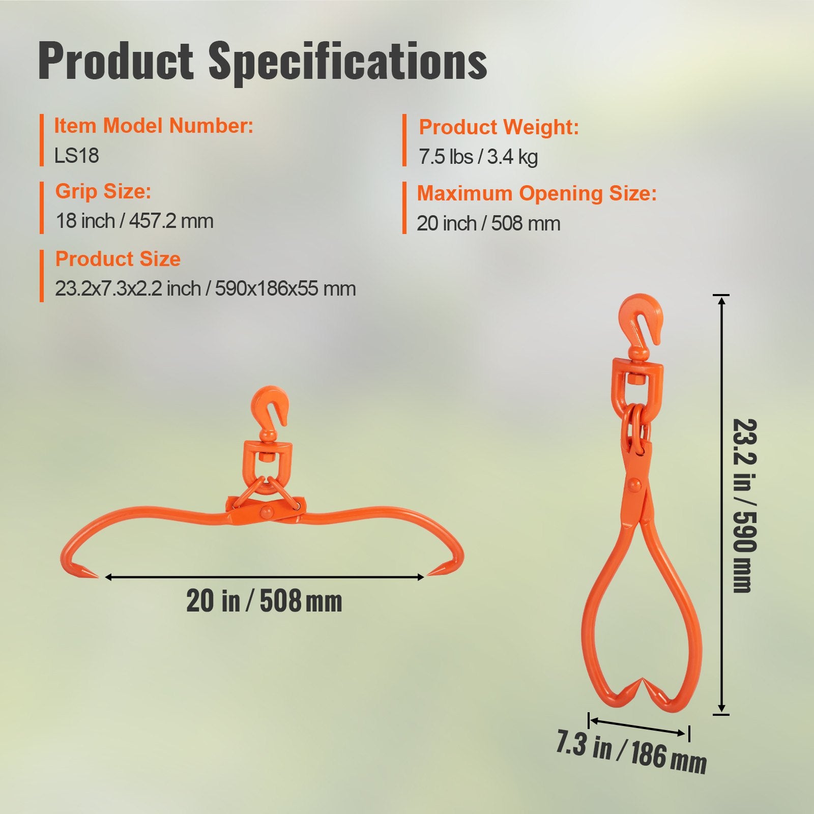 VEVOR Log Skidding Tongs, 45.7cm 2 Claw Log Lifting Tongs, Heavy Duty Rotating Steel Lumber Skidding Tongs, 350 kg Loading Capacity, Log Lifting, Handling, Dragging & Carrying Tool