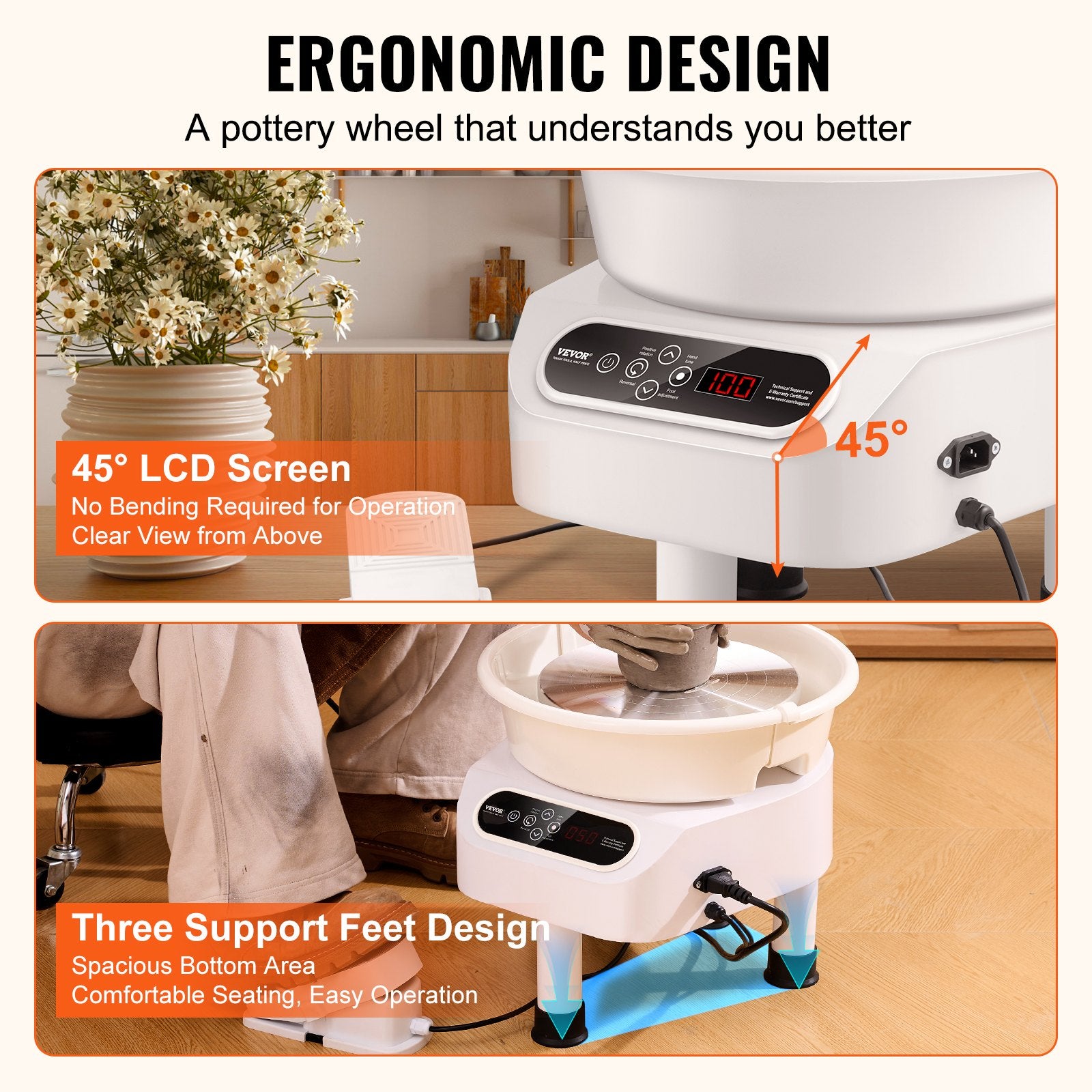 VEVOR Pottery Wheel, 10 inch Pottery Forming Machine, 350W Electric Wheel for Pottery with Foot Pedal and LCD Touch Screen, Direct Drive Ceramic Wheel with 3 Support Legs for DIY Art Craft, White